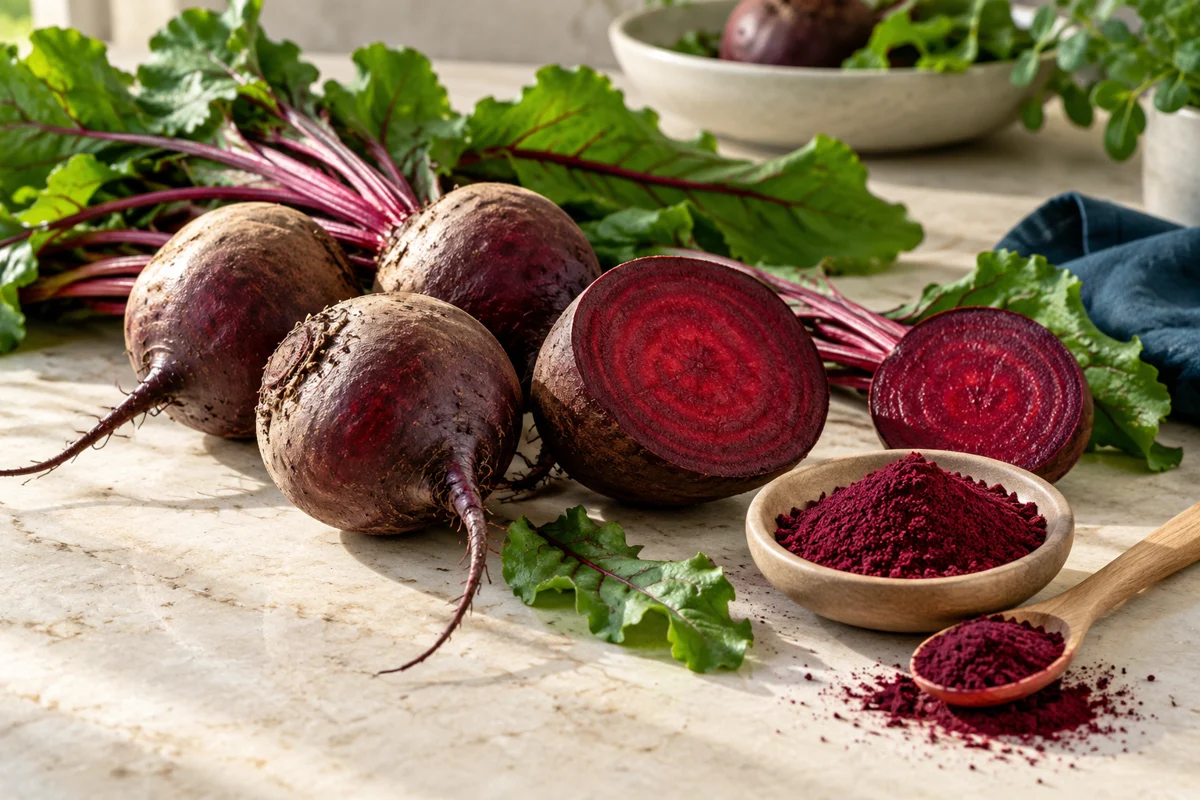 Halved beetroots beside a wooden spoon of beetroot powder
